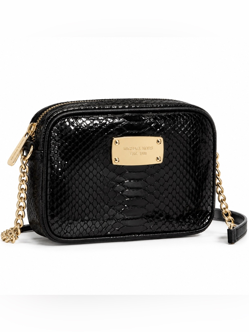 Michael Kors Jet Set Black Patent Snakeskin Embossed Crossbody Bag Gold
